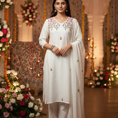 Embroider 3 Piece White Linen Suit