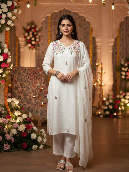 Embroider 3 Piece White Linen Suit