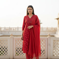 Anarkali 3 Piece Red Shell Cotton Suit