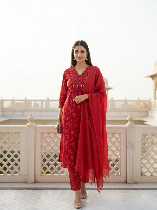 Anarkali 3 Piece Red Shell Cotton Suit