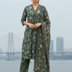 Floral 3 Piece Green Cotton Suit