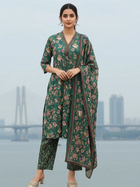 Floral 3 Piece Green Cotton Suit
