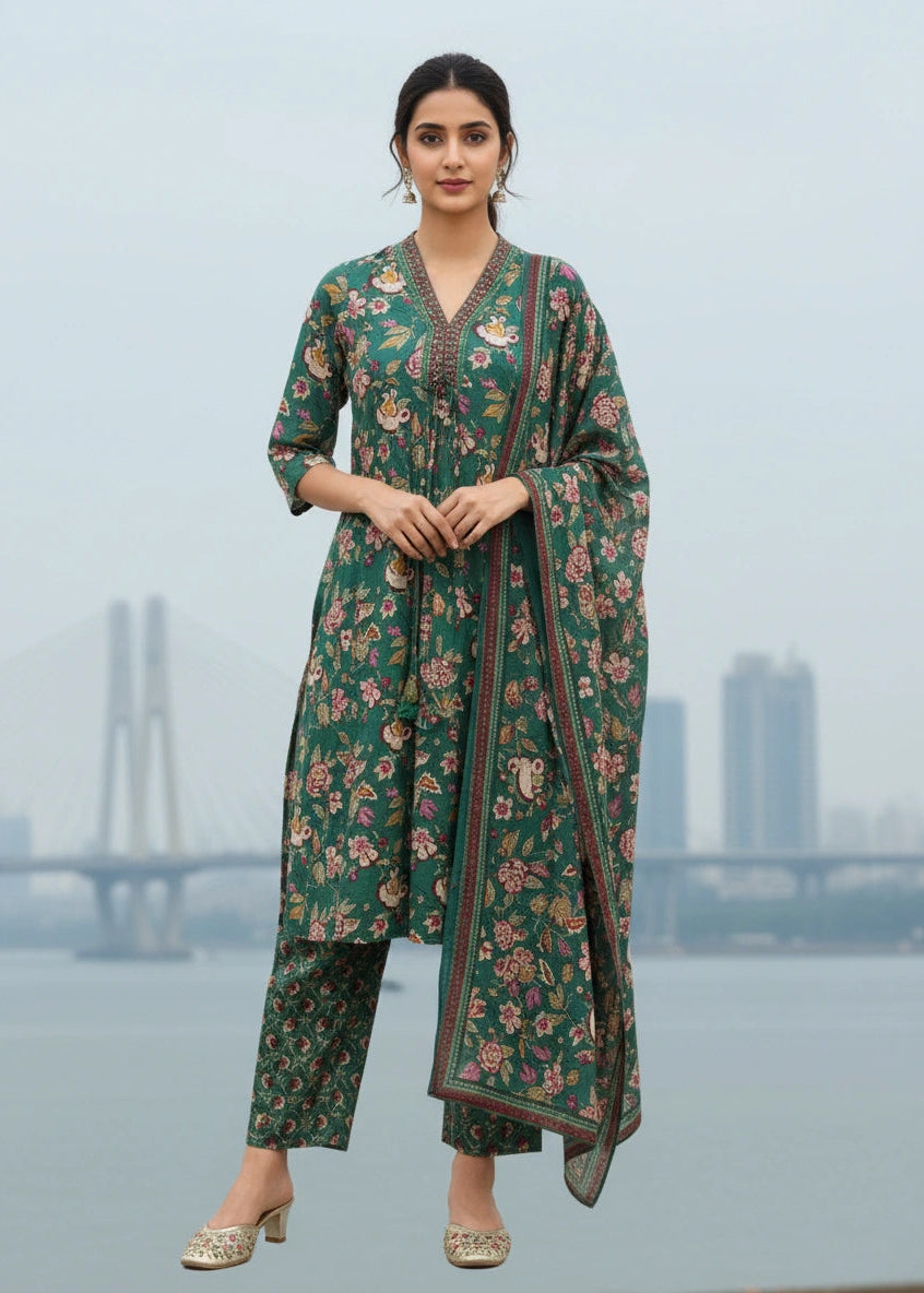 Chudidhar Set Green Floral