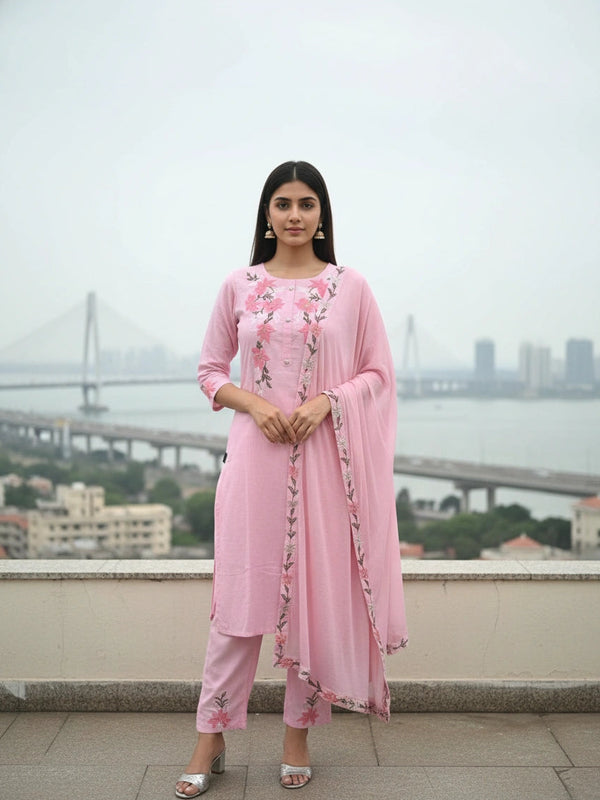 Floral Embroider 3Piece Set Baby Pink Suit