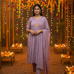 Party Wear 3 Piece Lavender Mul Chanderi Suit
