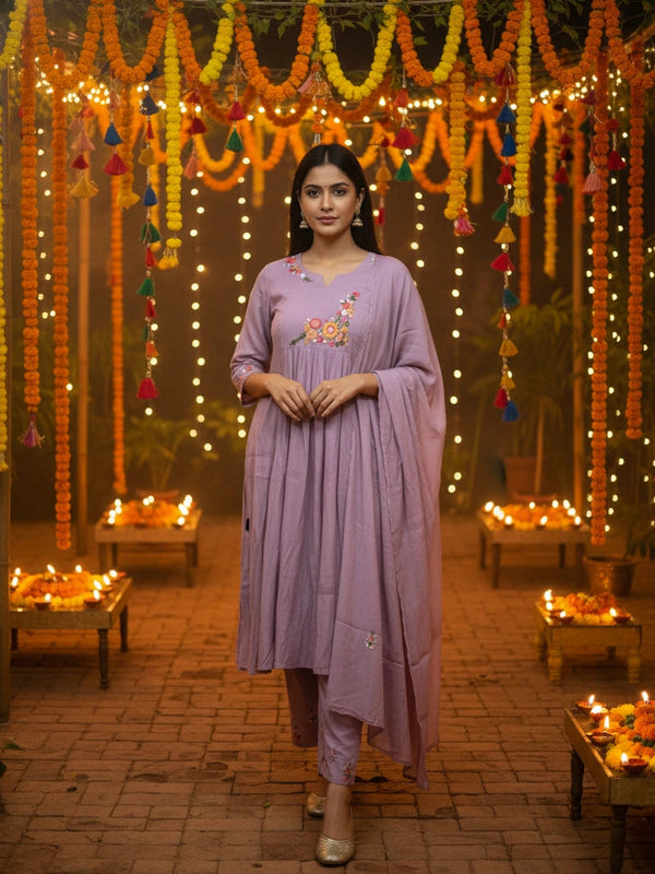 Party Wear 3 Piece Lavender Mul Chanderi Suit