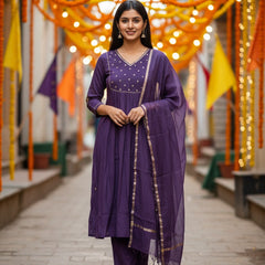 Party Wear 3Piece Set Purple Cotton Suit