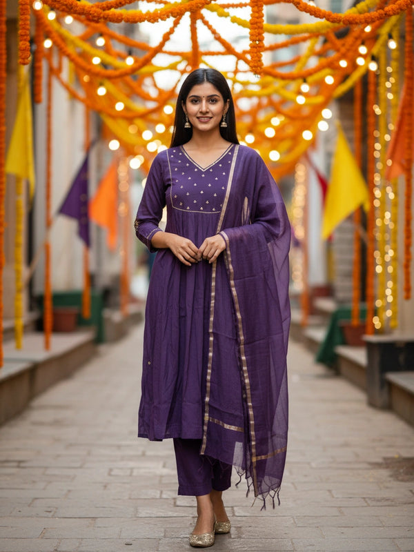 Party Wear 3Piece Set Purple Cotton Suit