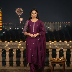Muslin 3 Piece Purple Tissue Suit