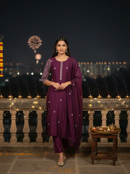 Muslin 3 Piece Purple Tissue Suit