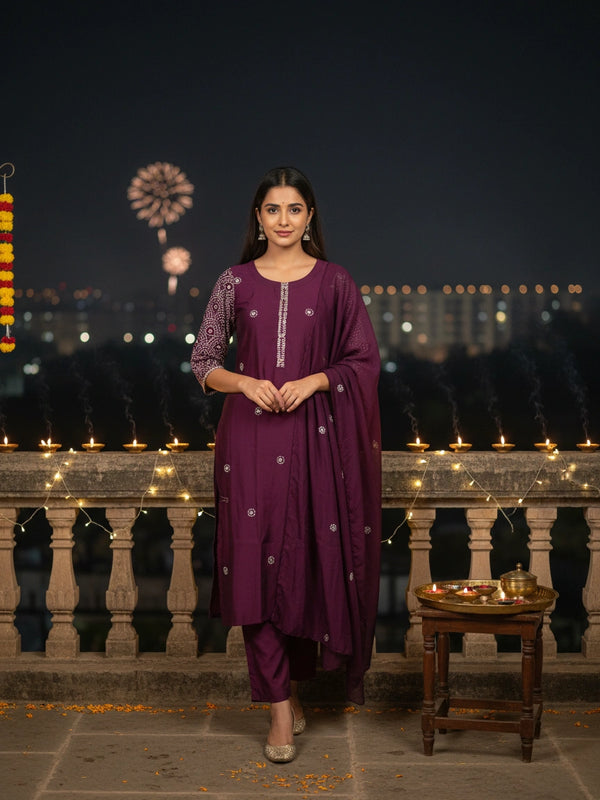 Muslin 3 Piece Purple Tissue Suit