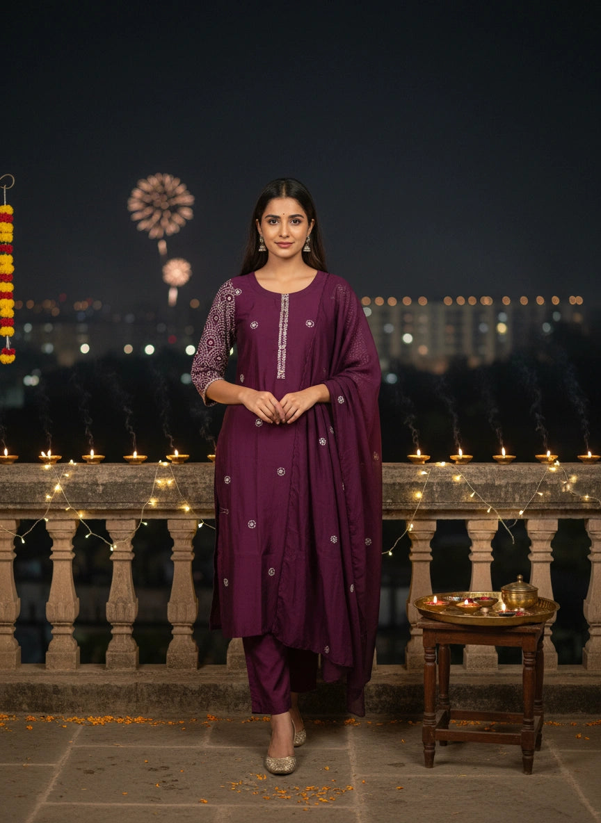 Muslin Tissue Kurti Set Purple