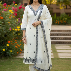 Embroider 3 Piece Half White Black Suit
