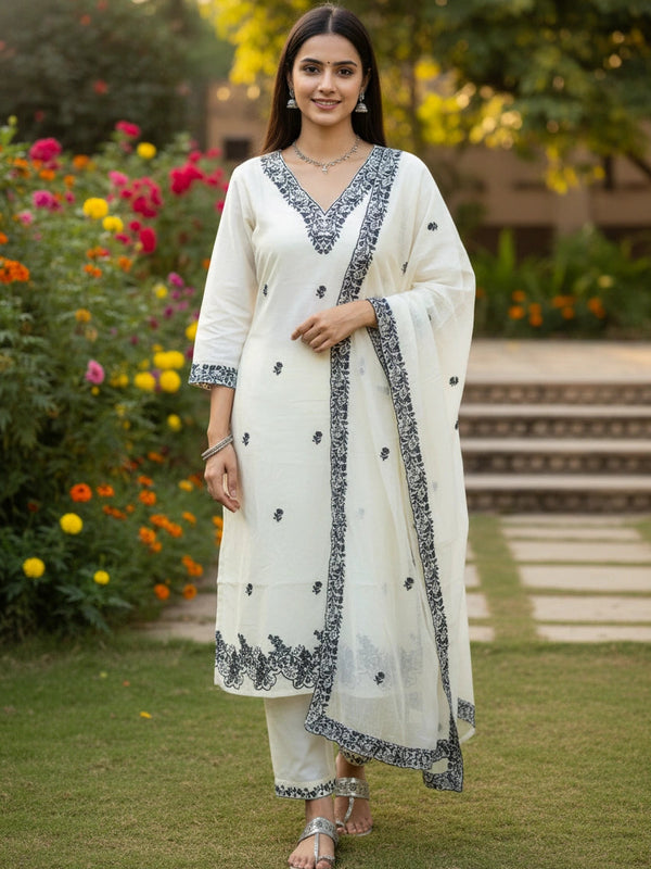 Embroider 3 Piece Half White Black Suit