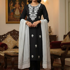 Embroider 3Piece Black White Cotton Suit