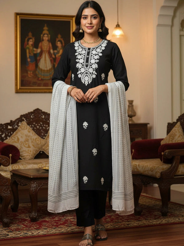 Embroider 3Piece Black White Cotton Suit