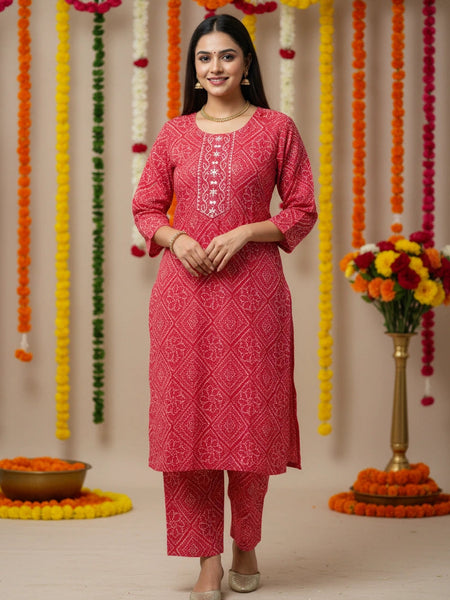 Bandhani 2Piece Red White Cotton Suit