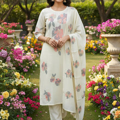 Floral 3Piece Half White  Mul Chanderi Suit