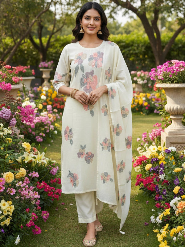 Floral 3Piece Half White  Mul Chanderi Suit