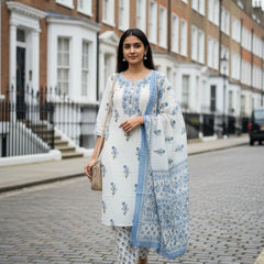 Embroider 3 Piece Half White Blue Cotton Suit