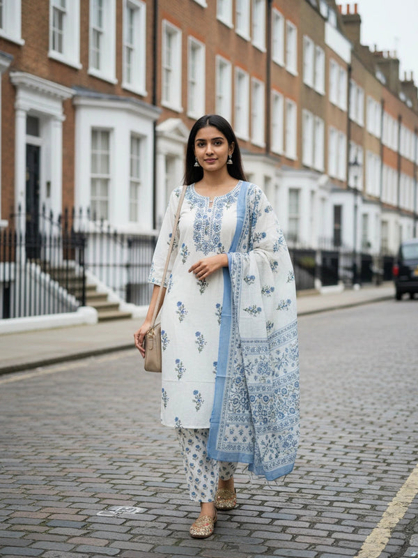Embroider 3 Piece Half White Blue Cotton Suit