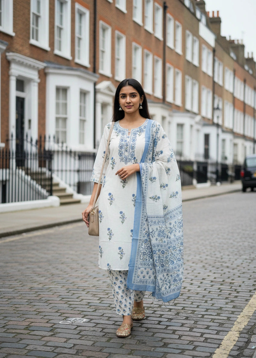 Half White Blue Embroider