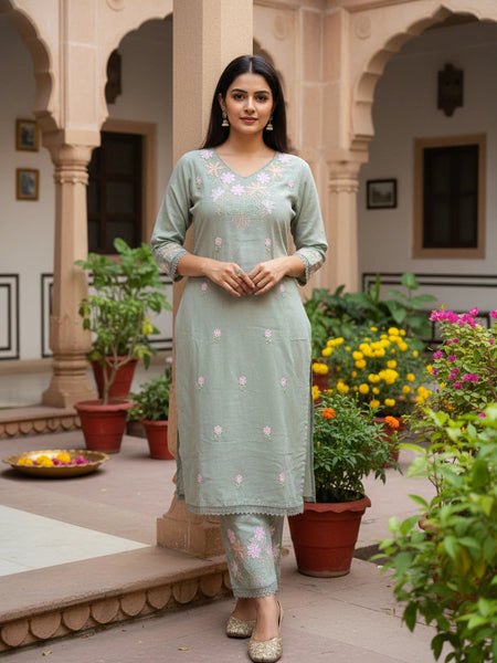 Embroider 2Piece Grey Cotton Suit