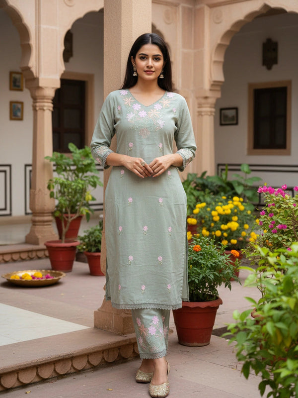 Embroider 2Piece Grey Cotton Suit