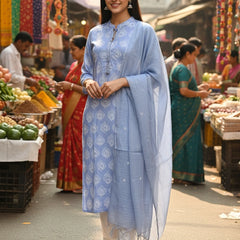 Contrast 3Piece Powder Blue White Cotton Suit