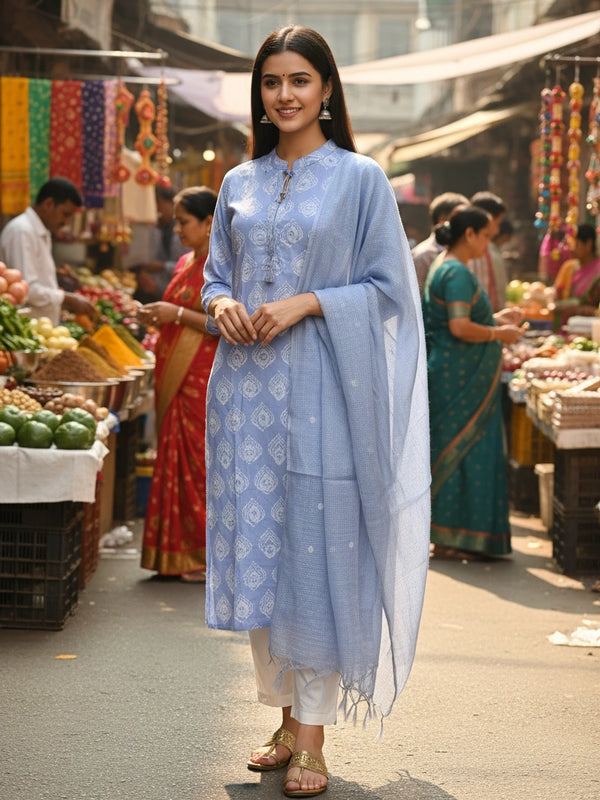 Contrast 3Piece Powder Blue White Cotton Suit