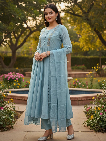 Party Wear 3 Piece Aqua Blue Anarkali Suit