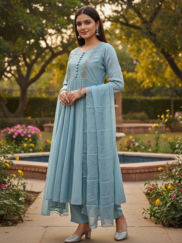 Party Wear 3 Piece Aqua Blue Anarkali Suit
