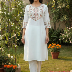 Embroider 2Piece White Cotton Suit
