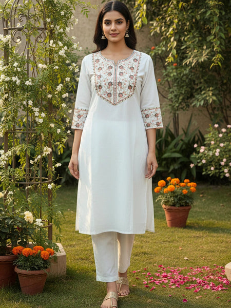 Embroider 2Piece White Cotton Suit