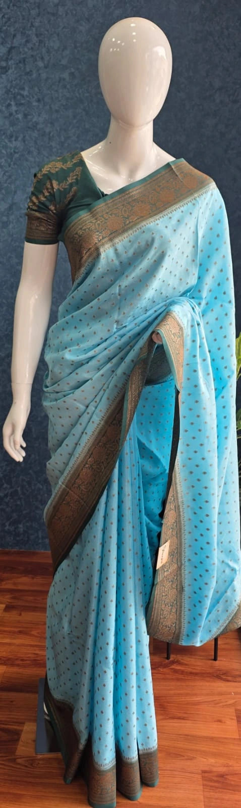 Pure Banarasi Crepe - Sky Blue with Green Border