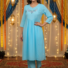 Embroider 2Piece Light Blue Cotton Suit