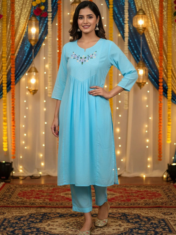 Embroider 2Piece Light Blue Cotton Suit