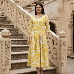 Flex Print Yellow White Cotton Suit