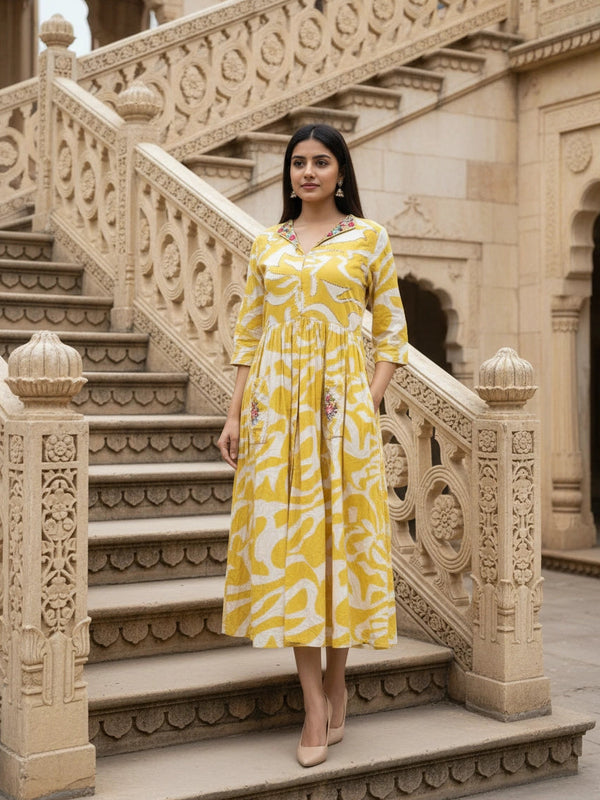 Flex Print Yellow White Cotton Suit