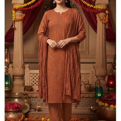Embroider 3Piece Rust Brown Cotton Suit