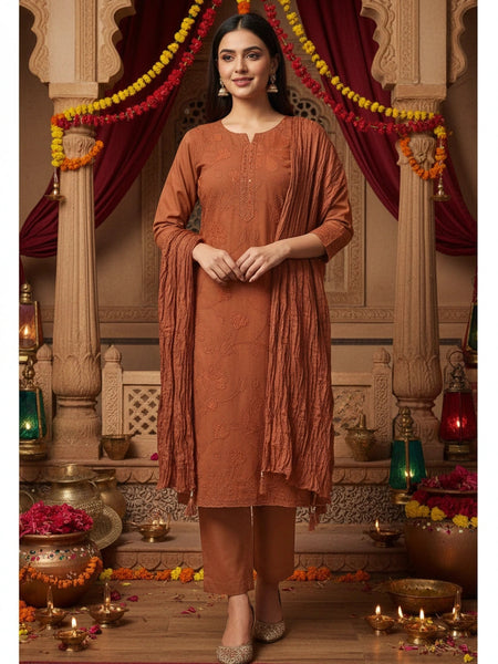 Embroider 3Piece Rust Brown Cotton Suit