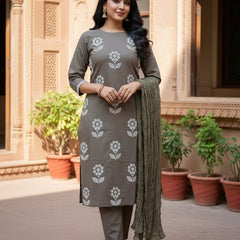 Floral  Embroider 3Piece Brown Cotton Suit