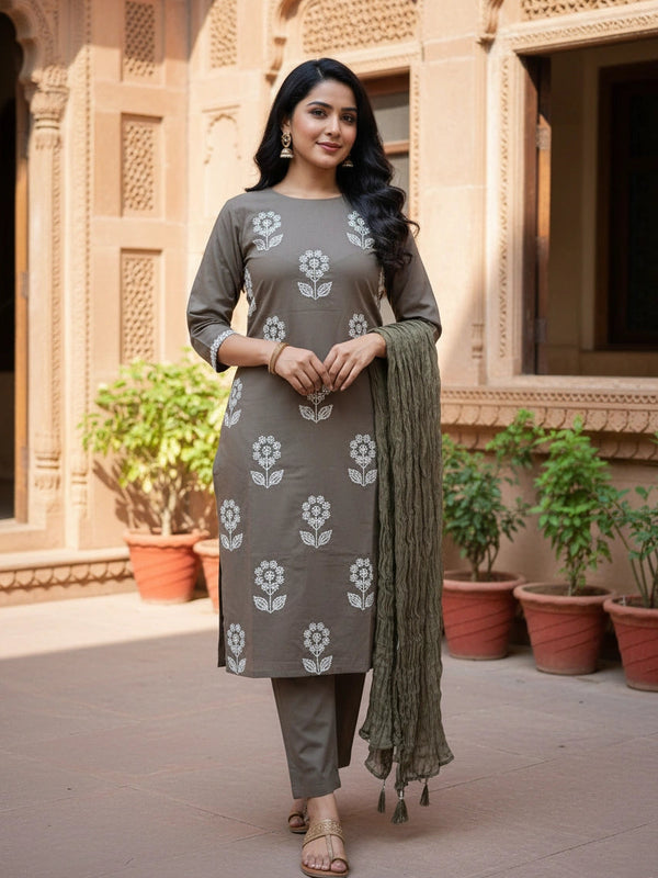 Floral  Embroider 3Piece Brown Cotton Suit