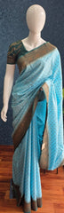 Pure Banarasi Crepe - Sky Blue with Green Border