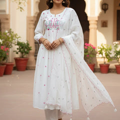 Embroider 3 Piece  White Pink Cotton Suit