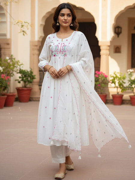 Embroider 3 Piece  White Pink Cotton Suit