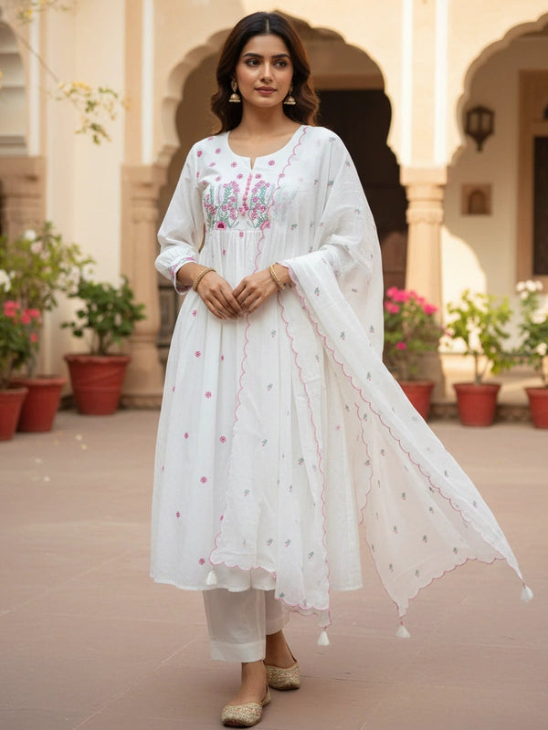 Embroider 3 Piece  White Pink Cotton Suit