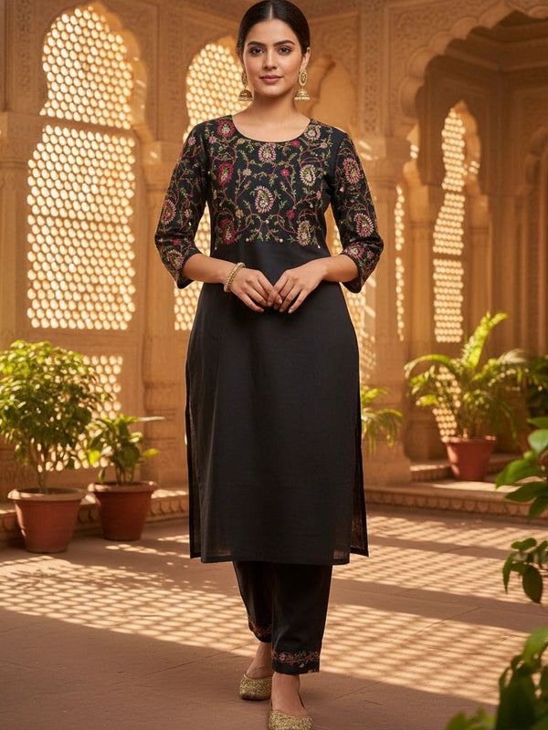 Embroider 2 Piece Black Cotton Suit