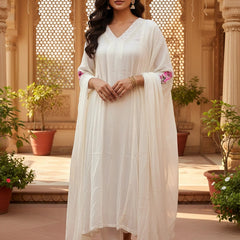 Party Wear 3Pc Set Half White Banarasi Suit