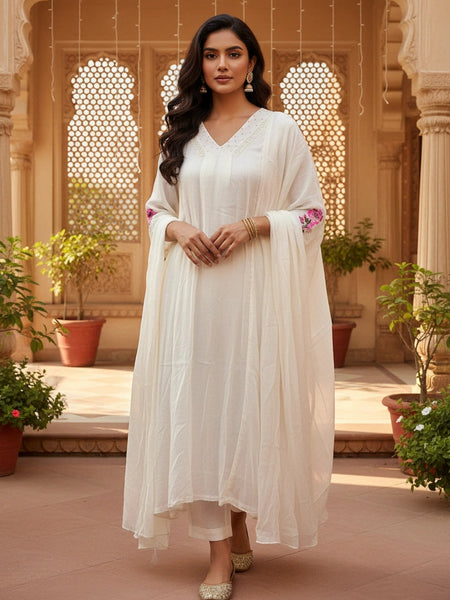 Party Wear 3Pc Set Half White Banarasi Suit